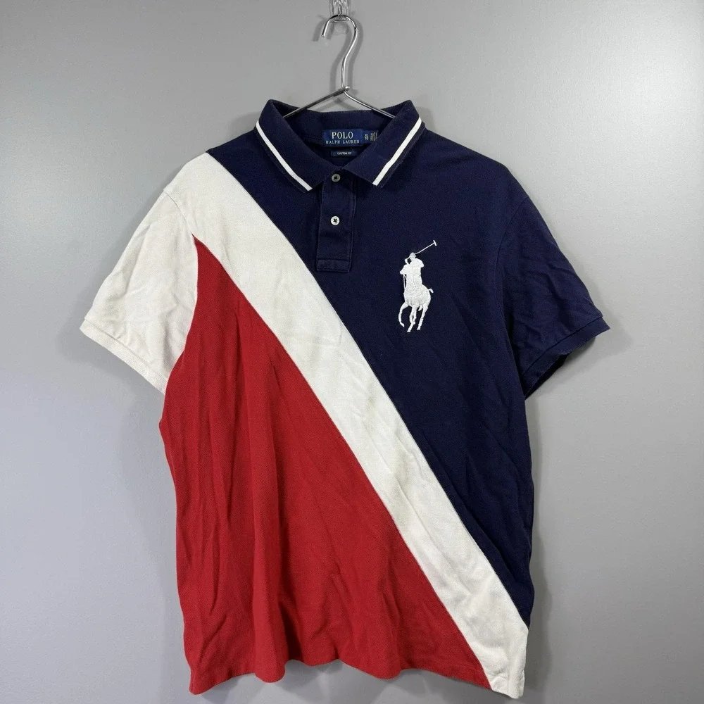 Polo Ralph Lauren Shirt Mens XL Blue Red White Colorblock Custom Fit Big Pony